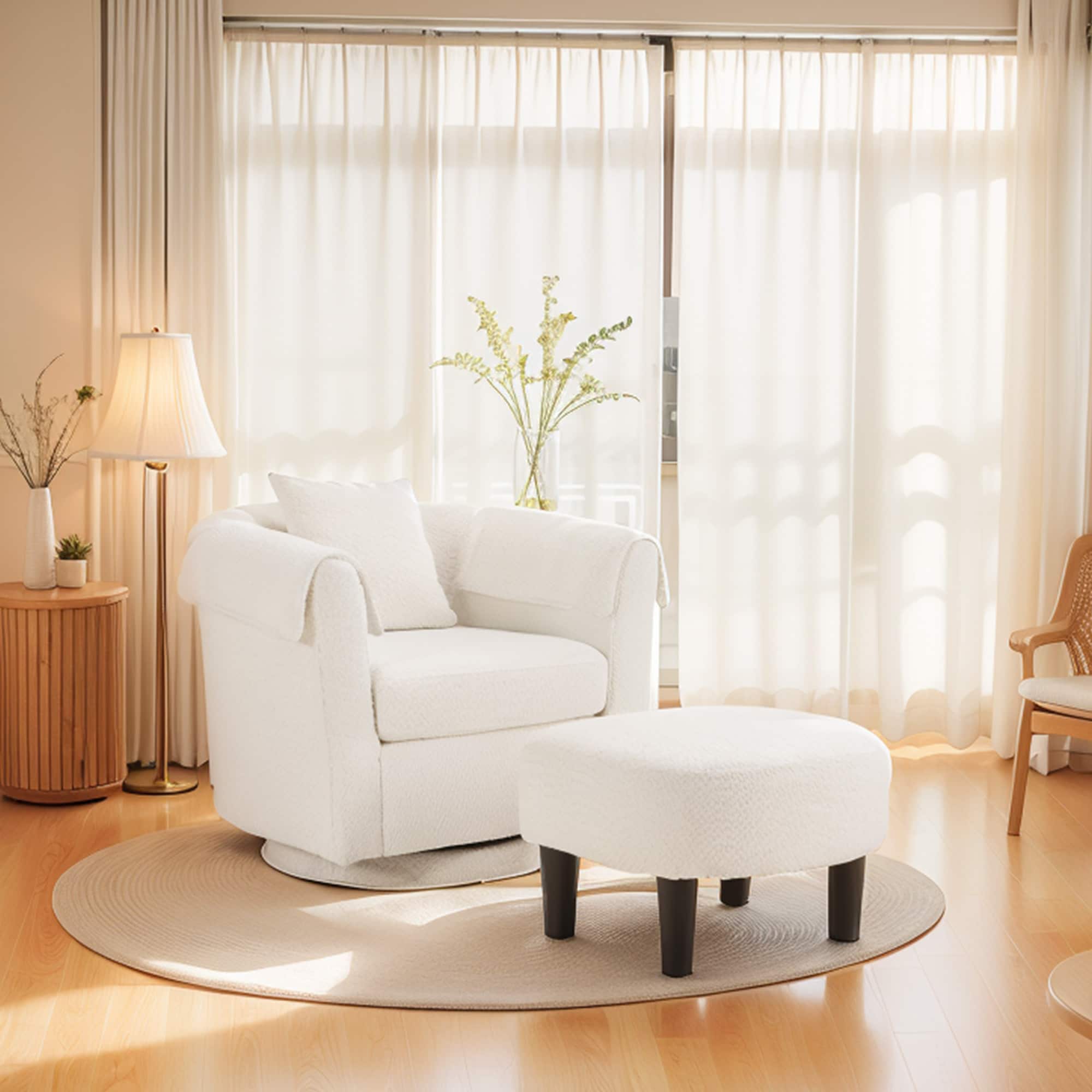 Swivel Accent Chair With Ottoman Set, Modern Chenille Barrel Armchair With Removable Back Pillow & 2 Armrest Covers For Living Room, Bedroom, Office, White_voghion.com